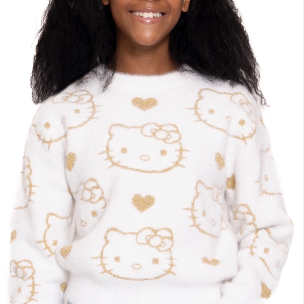 Hello Kitty White & Gold Patterned Sweater – Girls’ Size L (10/12)